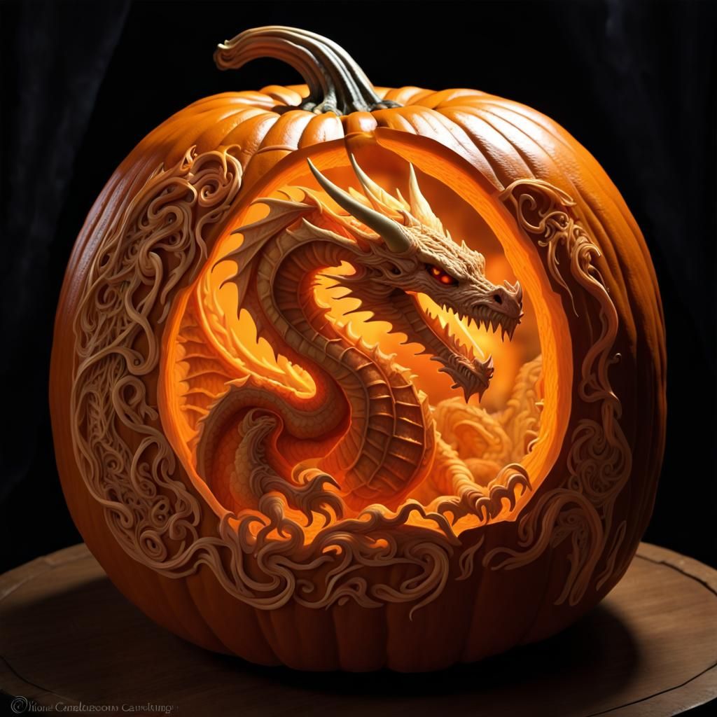 Prompt: full pumpkin, detailed fantasy dragon carved into a pumpkin, style of maniac pumpkin carvers ...  by @Sparky _Si