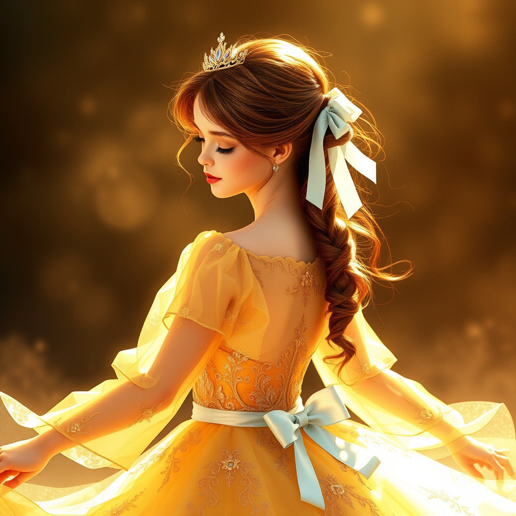 Anastasia in Golden Gown with Blue Bow