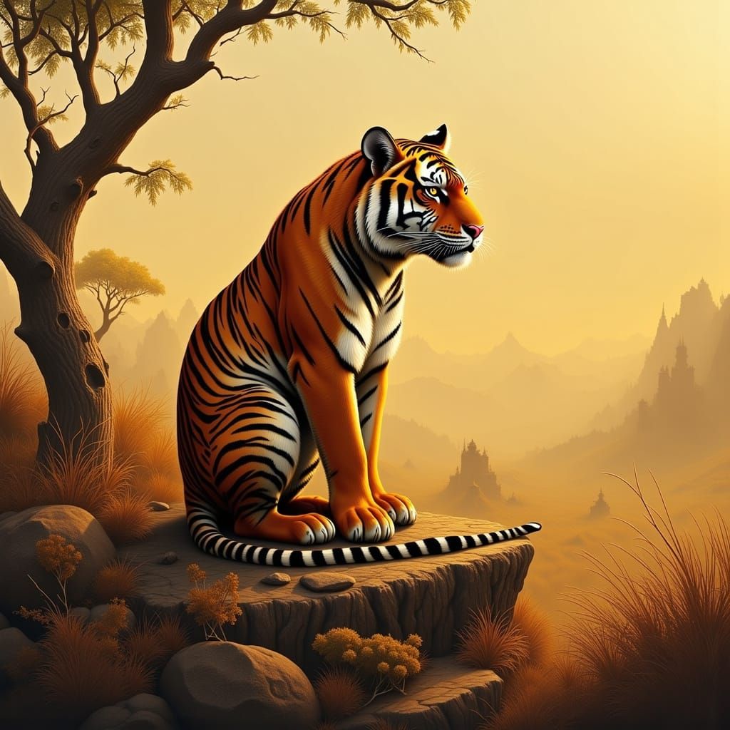 Majestic Tiger on Sunlit Rock in Realistic Style