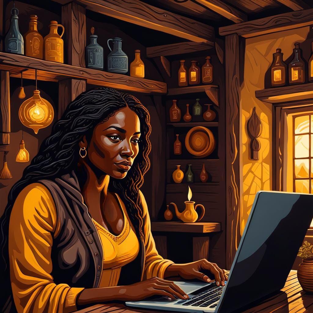 A witch programmer in her home office