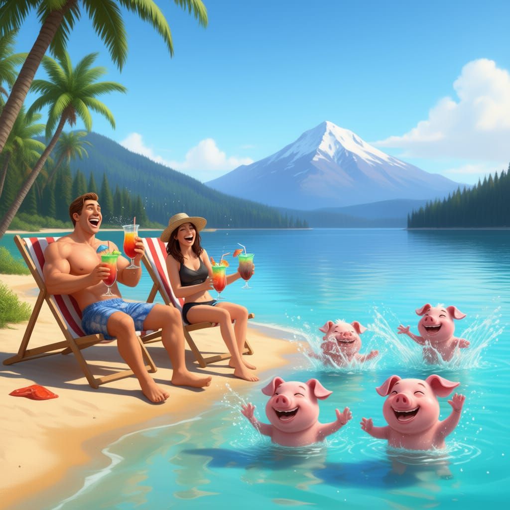 Now take Bo from image above and Christina from 2nd image above and put them in beach chairs on lake Tahoe shore with pigs rooter and luke  ...