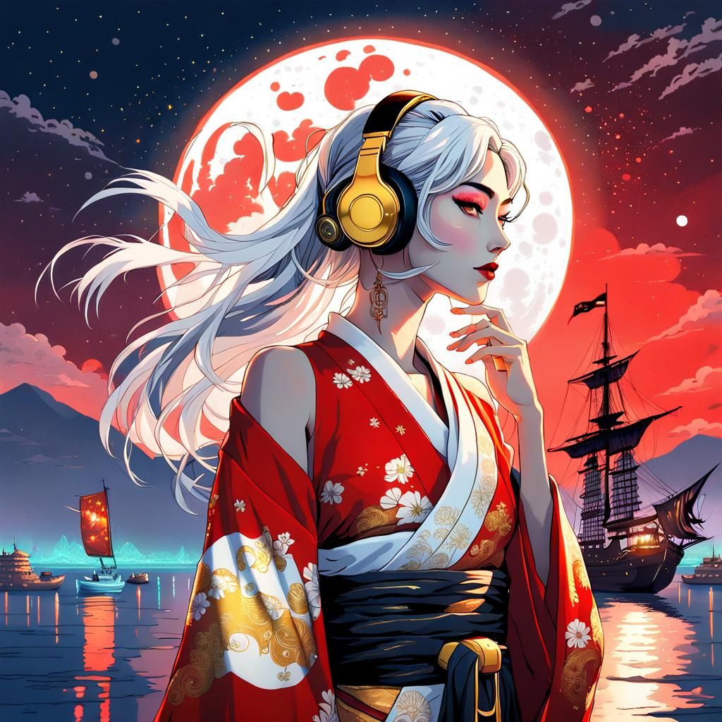In a delicate red and white kimono .