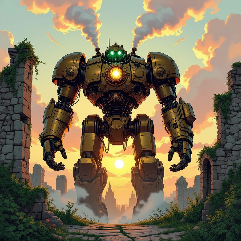 A colossal mechanical titan, gears grinding and steam billowing, stands guard over a forgotten, overgrown castle ruin. Lush vines creep over...