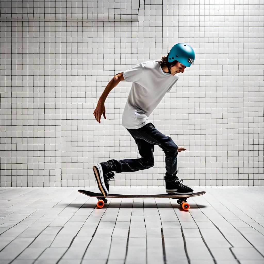 Skateboarders are skating on a White big table with tiled ba...
