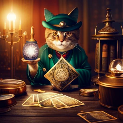 Fortune teller cat reading tarot cards AI Generated Artwork