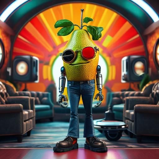 <lora:Fruit Gang v2:0.7>
1970s sitcom scene: anthropomorphic biopunk pear fruit with mechanical limbs wearing vintage clothes and sunglasses...