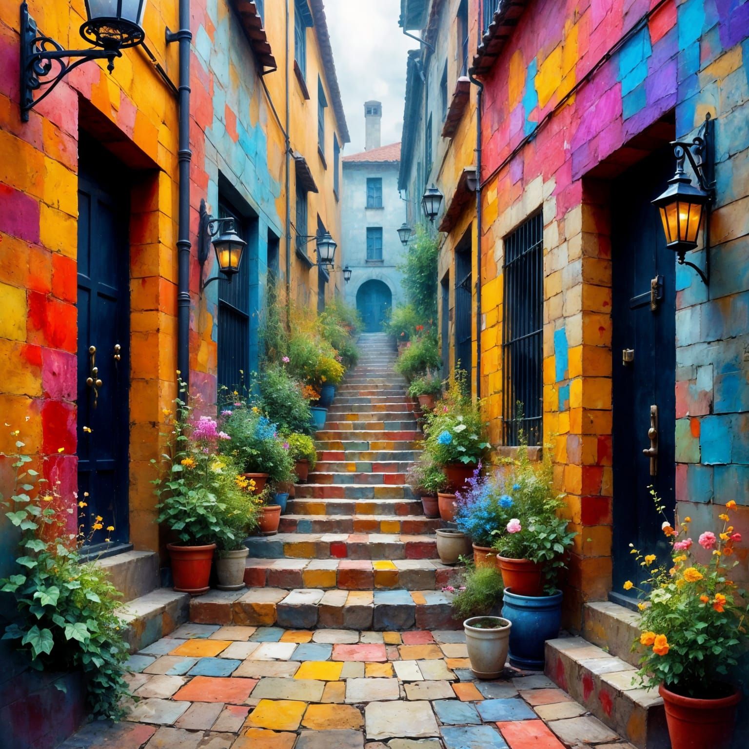 Vibrant Colorful Alley with Graffiti and Stairs