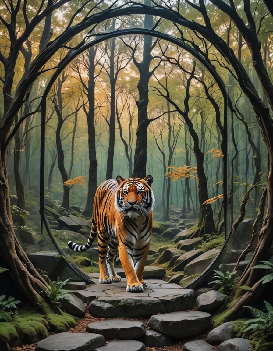 Glass Tiger in Starry Forest Landscape