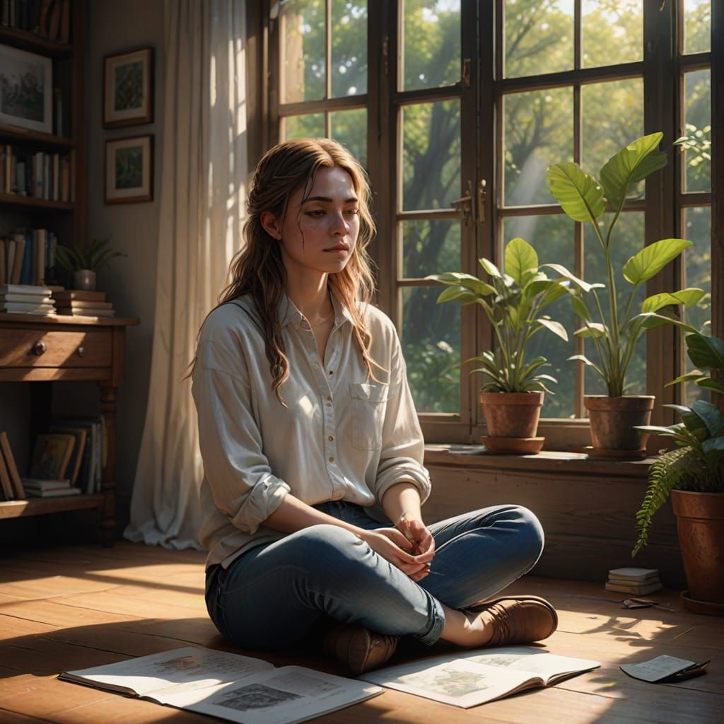 Girl Drawing Art in Sunlight, Matte Painting Style