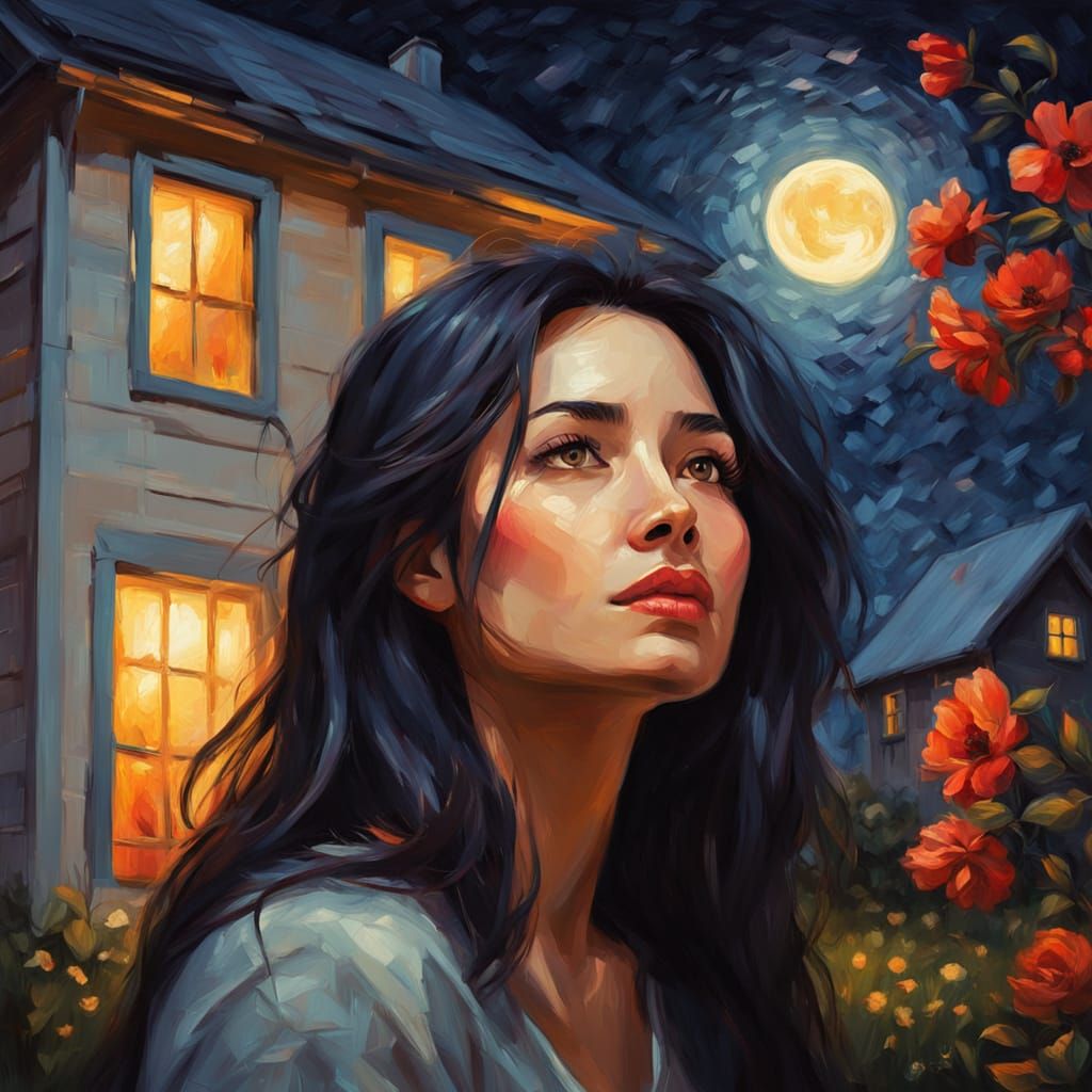 Dreamy Spring Nighttime Oil Painting of a Young Woman