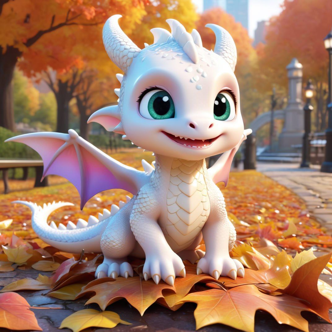 A baby dragon with large green eyes and pale white scales is...