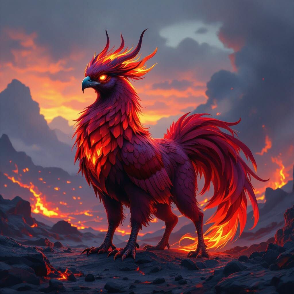 A majestic mythical creature covered in vibrant fire-red fur or feathers, standing proudly in a dynamic ...  by @Vivian Tan