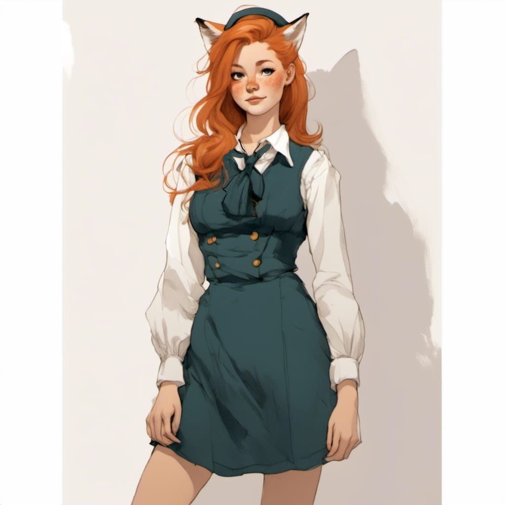 Fox-girl VIXEN wearing a 60's style dress and women's pill box hat