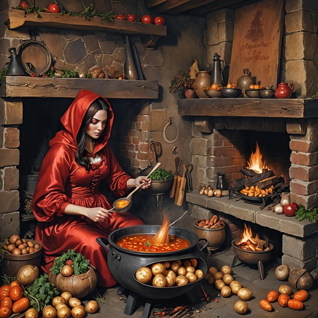 A Dark, hyperrealistic, Voluptuous and sensual Red Riding Ho...