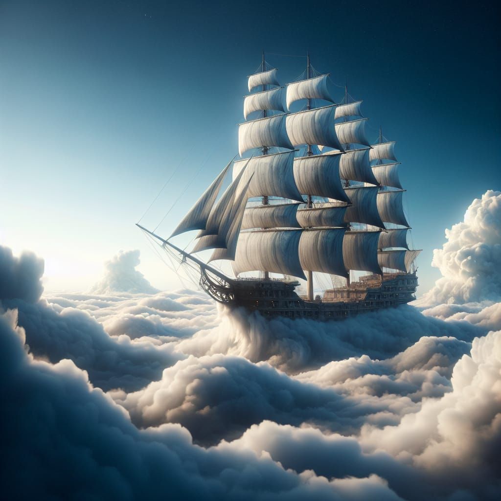 Sailing ship gliding through the sky