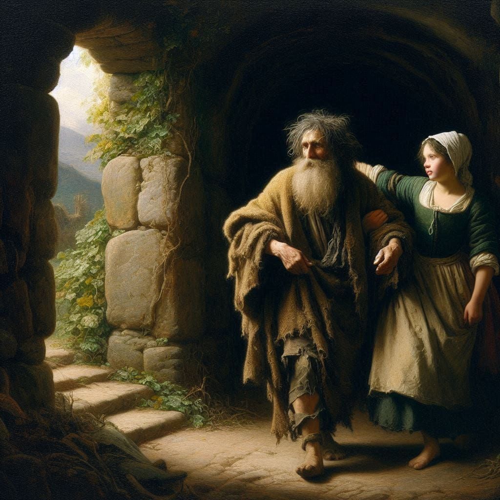 She lead the dishevelled old hermit into a lush green garden Ver. 1