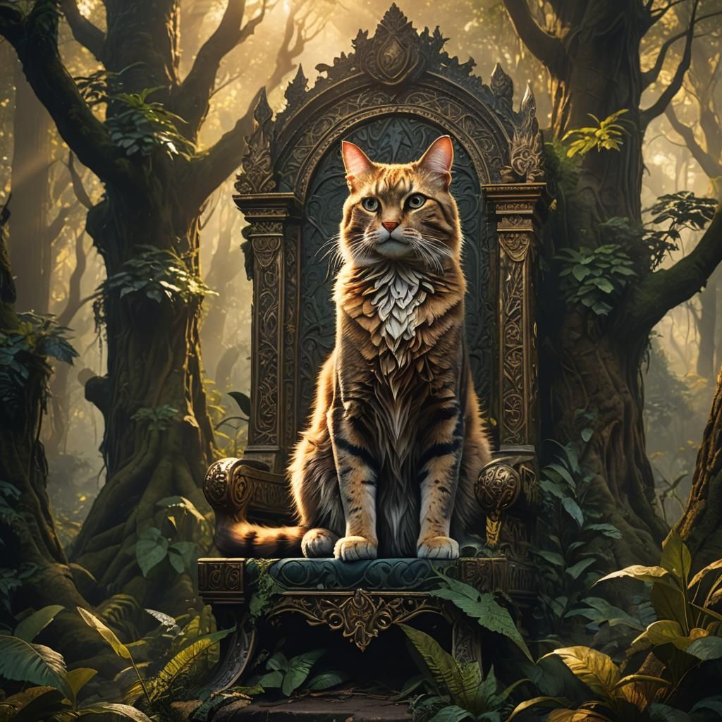 Majestic Cat King on Forest Throne