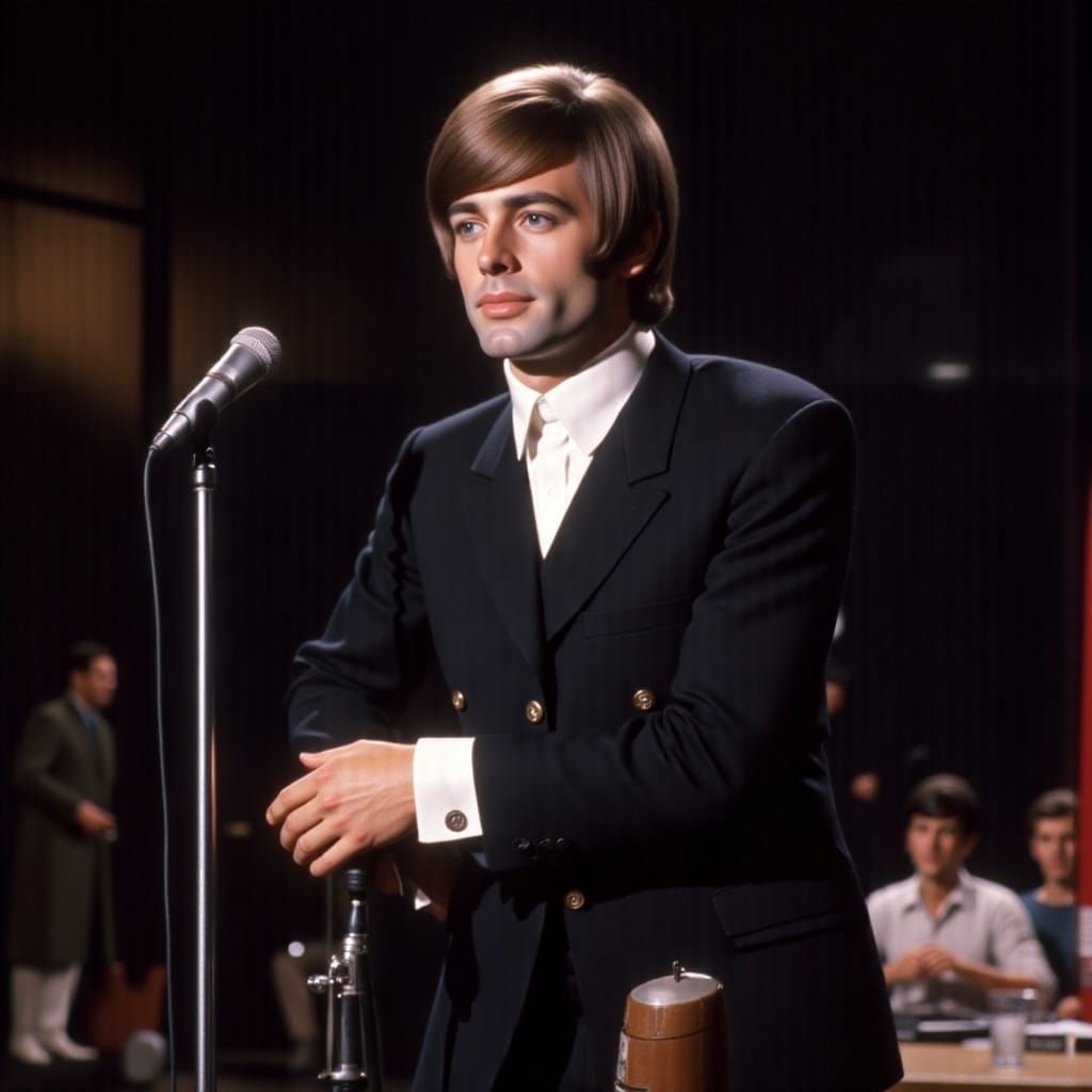 <lora:60s Mod Flux:1.0> 1960’s male singer wearing a black suit, on stage, 60s mod style 
