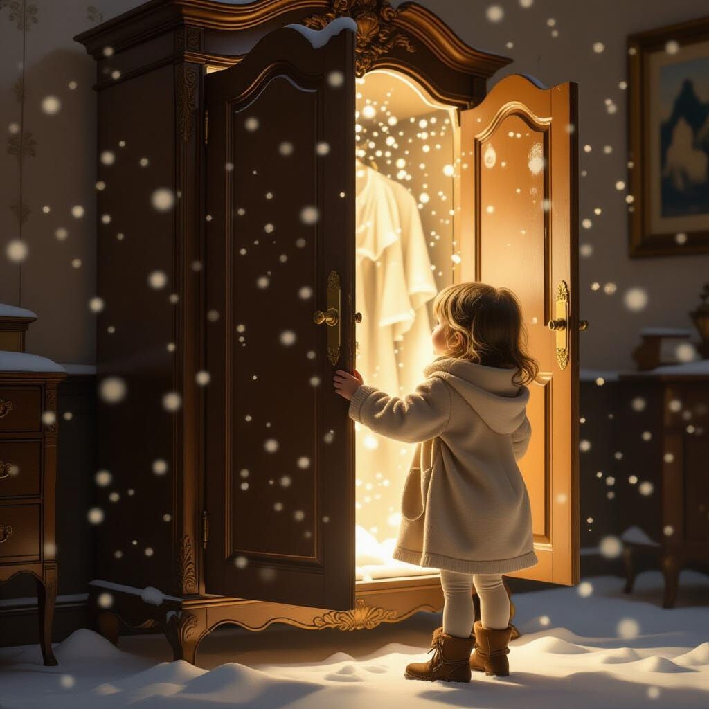 Girl and Magical Wardrobe in Hyperrealistic Style