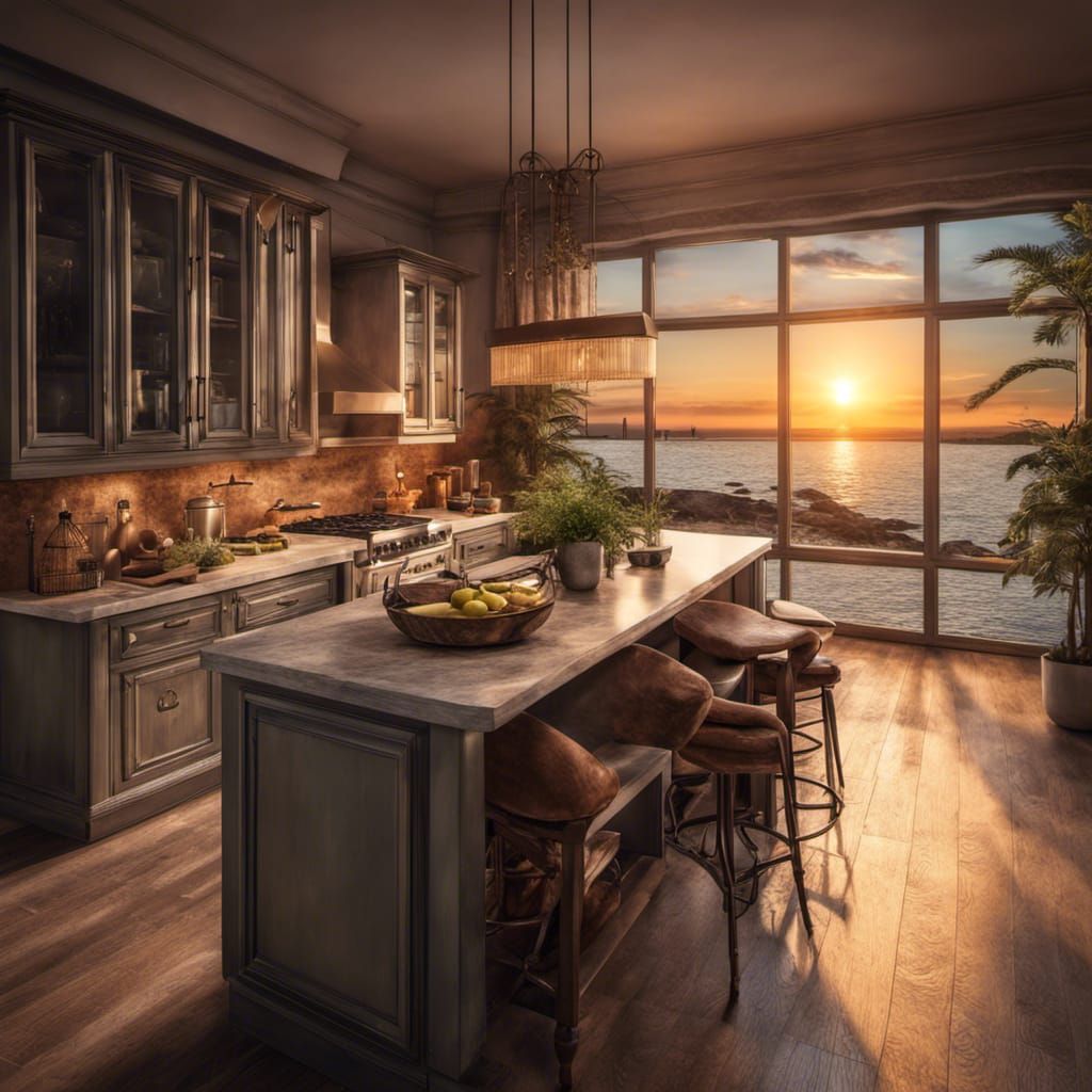 Sunset over the bay with a beatiful kitchen