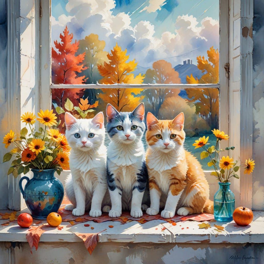 Puppies and Kittens on a Sunny Autumn Windowsill