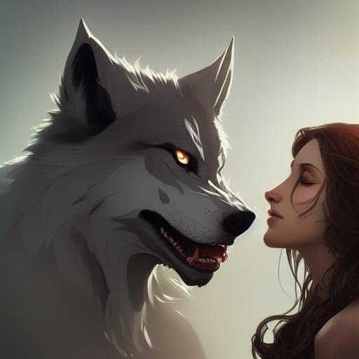 Handsome grey werewolf prince standing with a beautiful woman AI