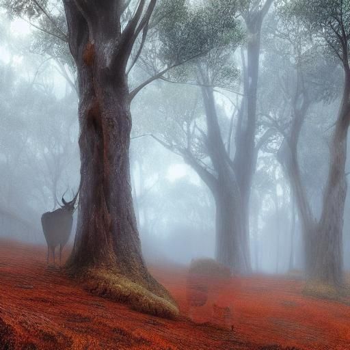 Blue gum tree forrest in early misty morning with low mountains and a red deer stag walking away along a dirt path and looking back. Green grass.  Improve image of both deer
