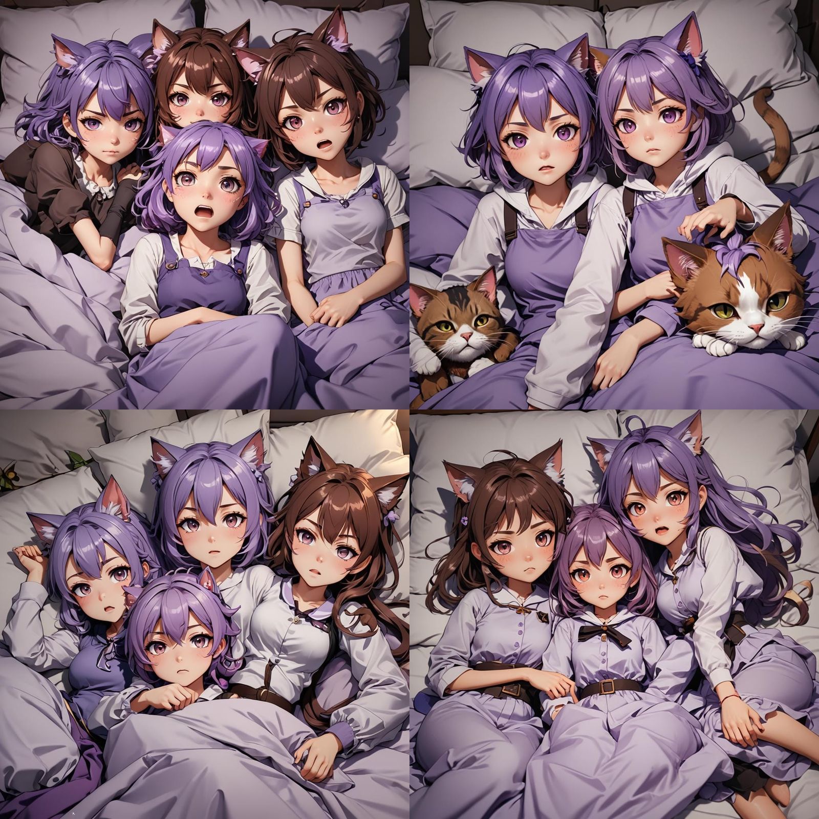 3 cute short anime catgirls with brown, lavender, and violet hair 2000s ...