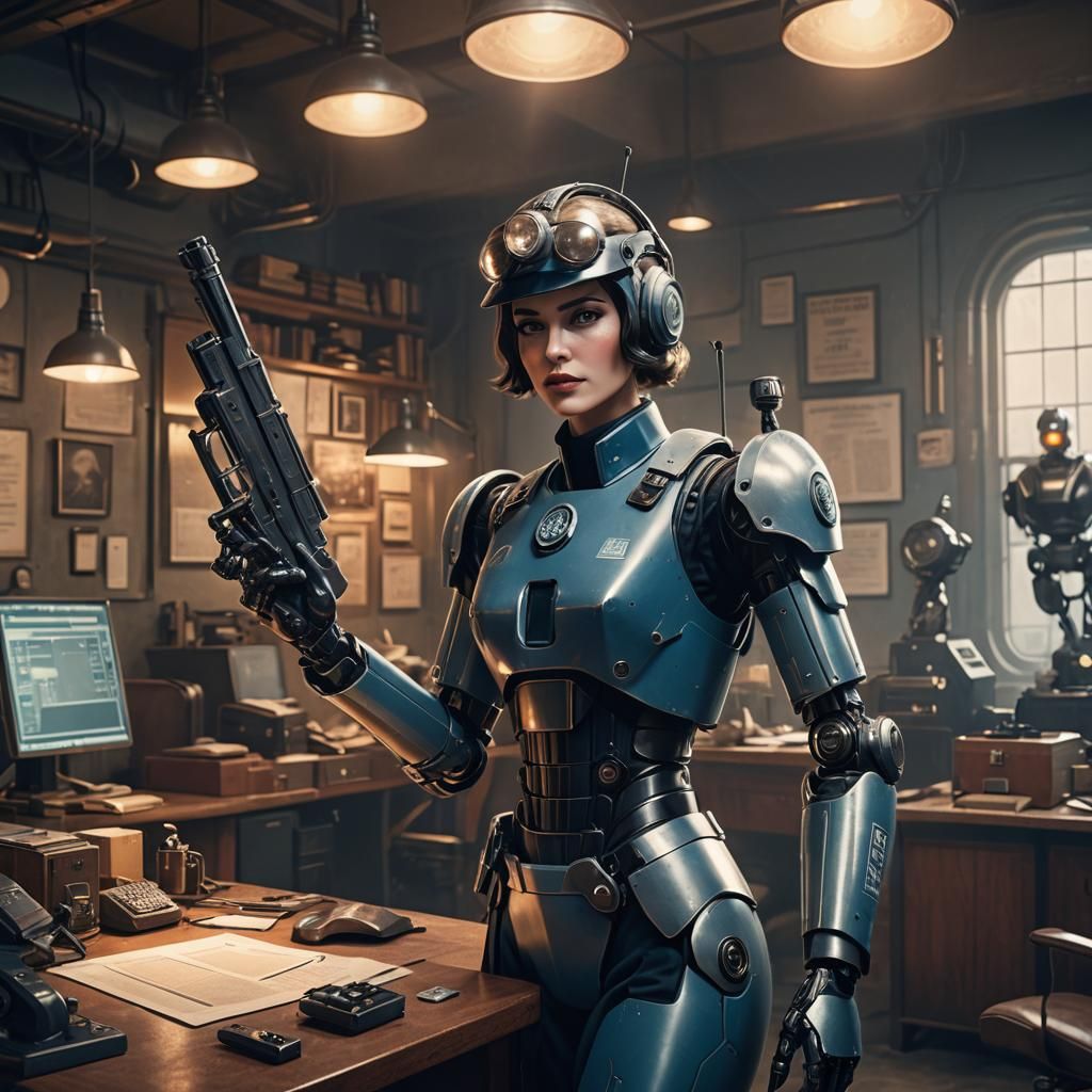 vintage police girl robot and office