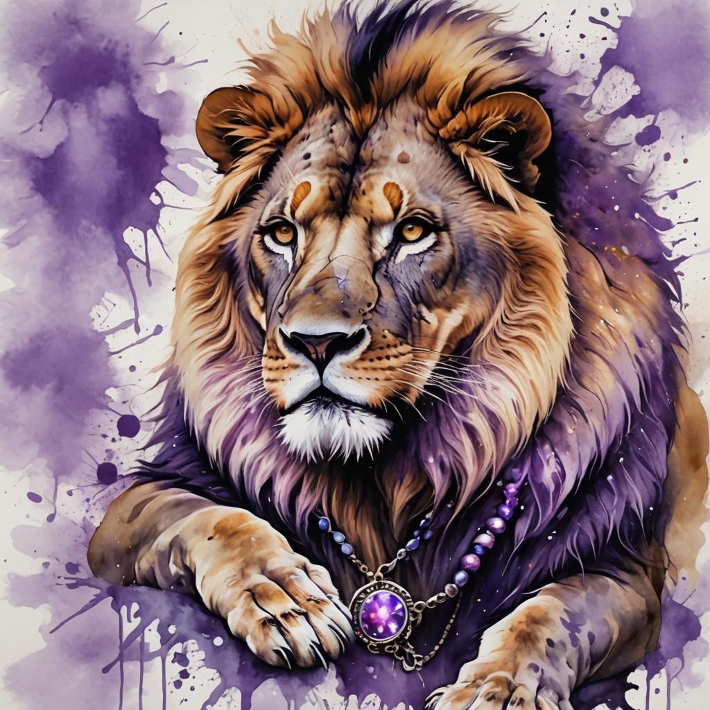 majestic realistic lion with splotches of light purple with ...
