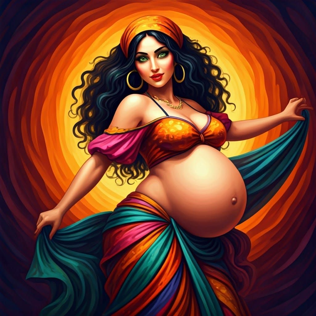 Exotic Gypsy Woman Dancing in Whimsical Colors