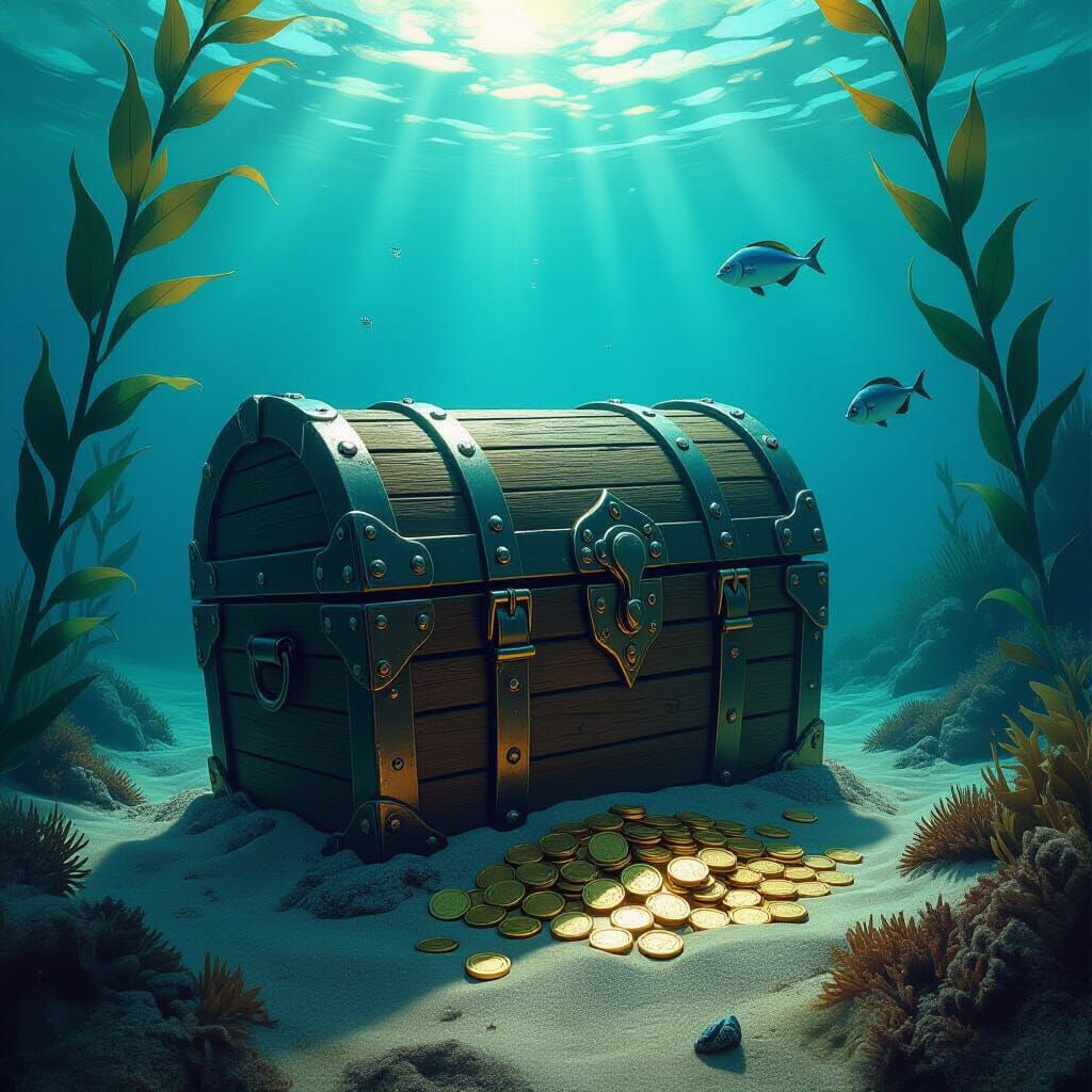 A weathered, barnacle-encrusted treasure chest rests on a sandy seabed, partially obscured by swaying kelp and curious fish. Sunlight filter...