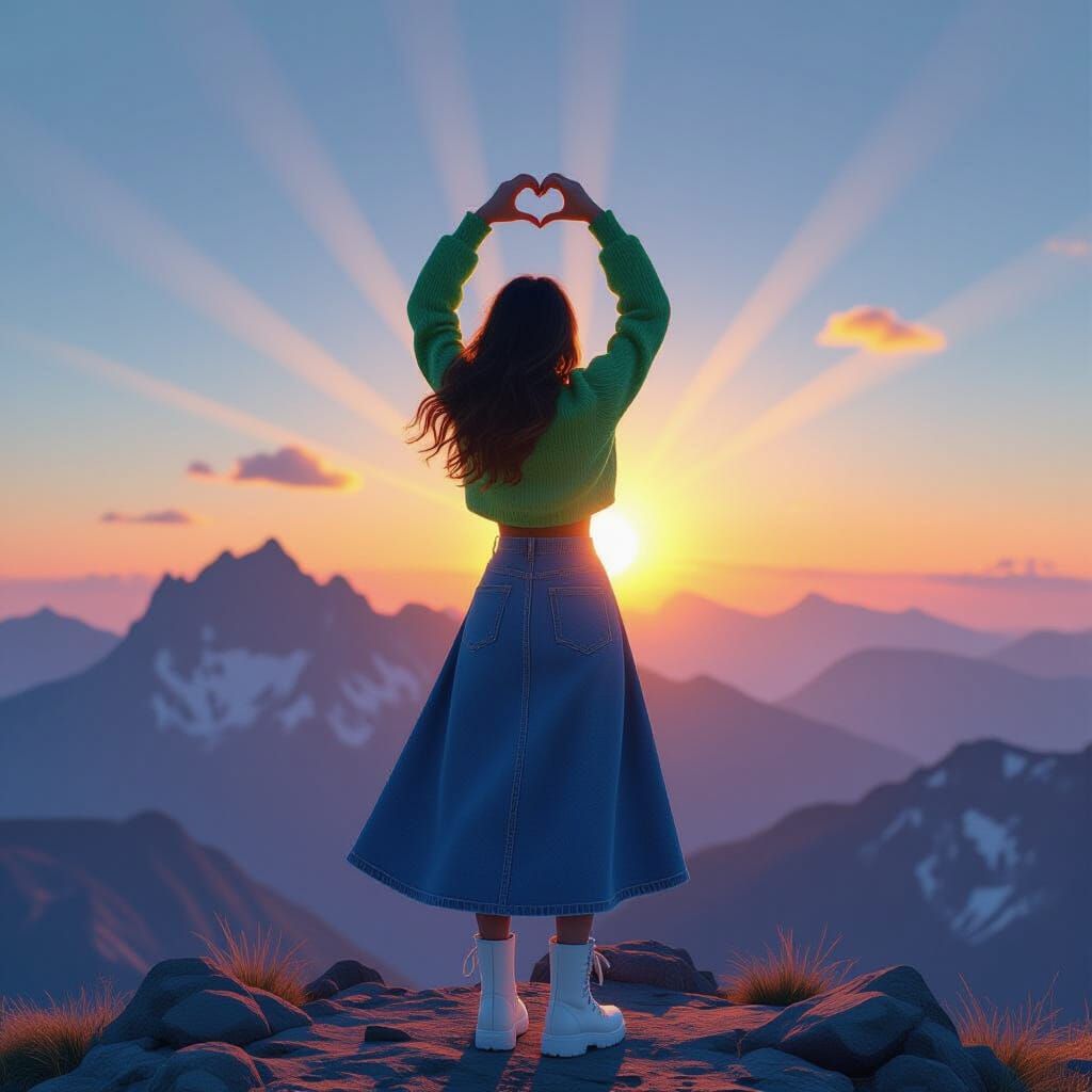 Woman on Mountain at Sunset Making Heart Shape