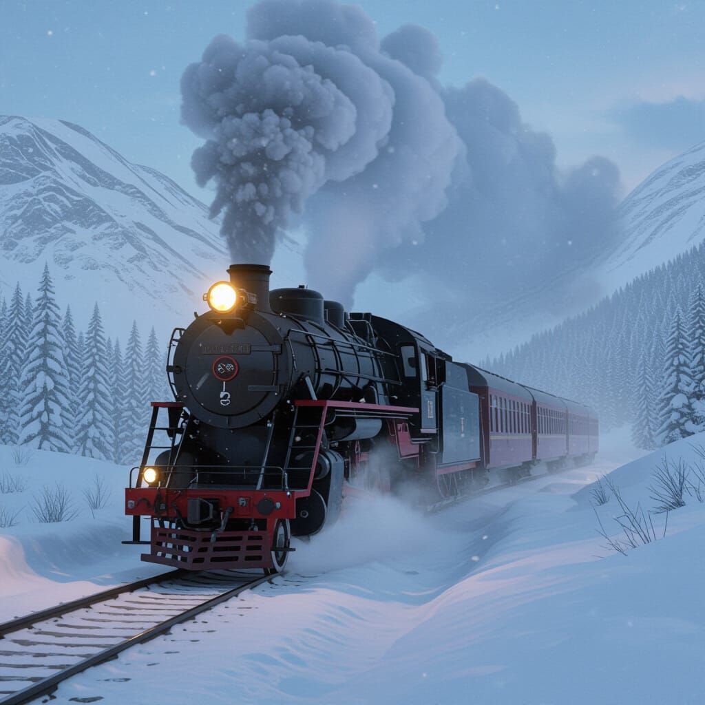 A powerful steam train chugging through a blizzard-swept mountain pass. Snowflakes cling to its sides, and thick steam billows from its engi...