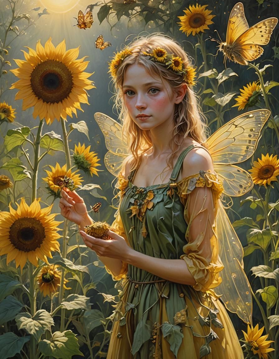 a fairy with yellow transparent butterfly wings, sunflower golden ...