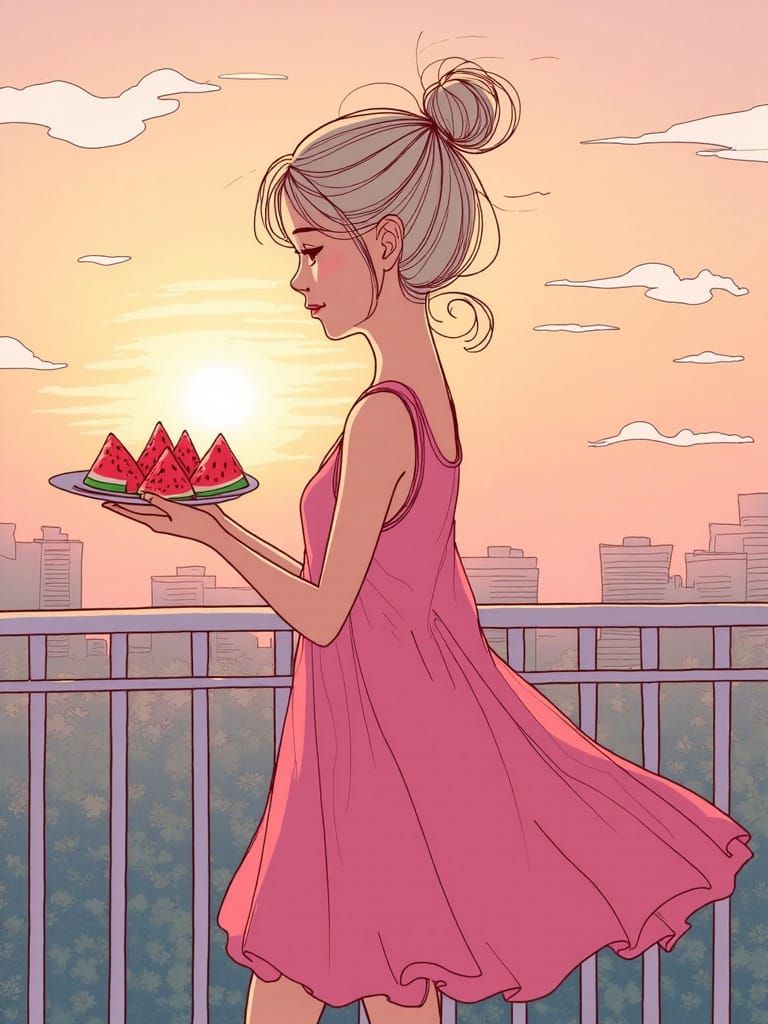 Sunset Balcony Scene with Character and Watermelon
