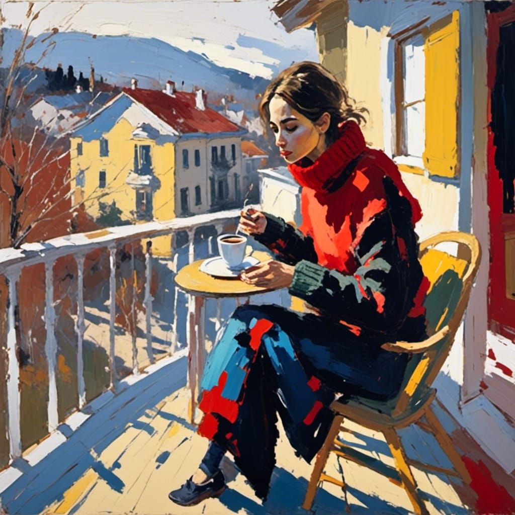 A beautiful woman in a sweater sitting on the porch drinking coffee <lora:Lyrical abstraction:1.0> 