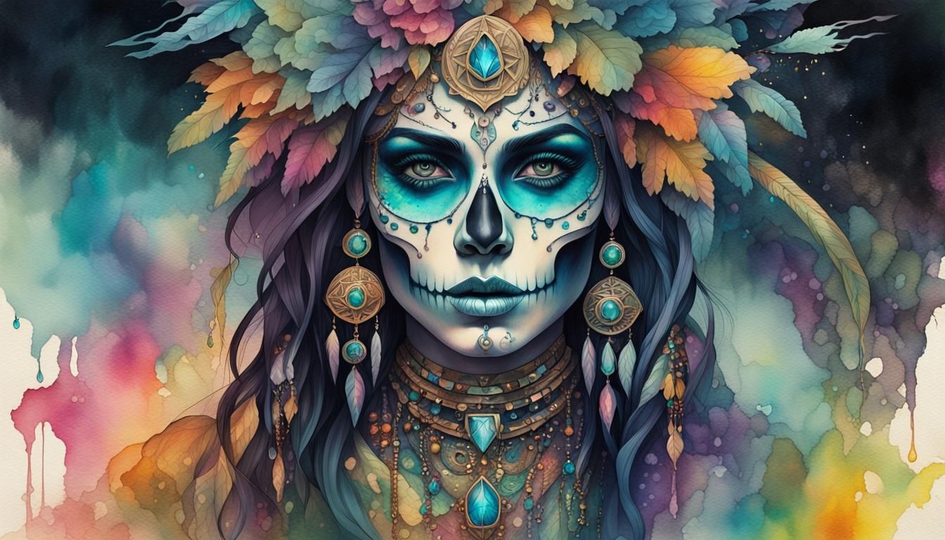 Artgerm-Style Goddess with Skull Face and Tribal Tattoos