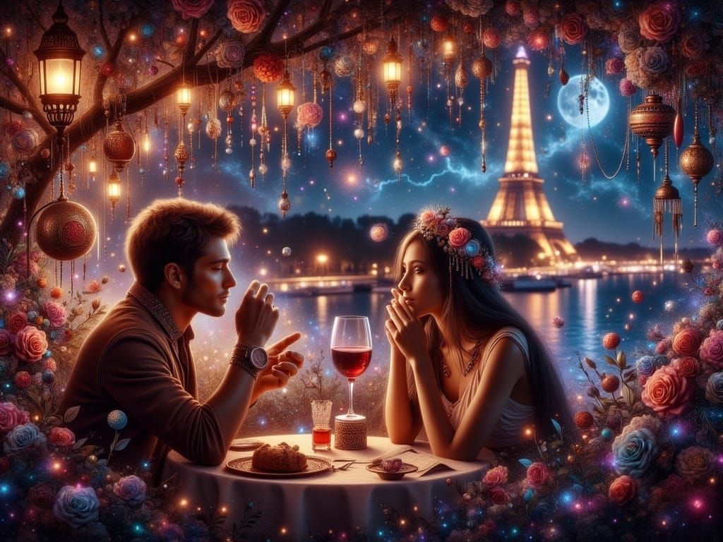 <lora:FiosMysticAura:1.0> A romantic male and female couple dining by the Seine River in Paris at night. Eiffel Tower is visible. Roses and...