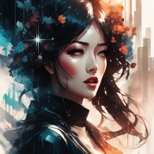 <lora:Doublex portrait DS8:1.0> Beautiful girl, rain dewdrop, city, Double exposure portrait, intricate, highly detailed, manhwa, trending o...