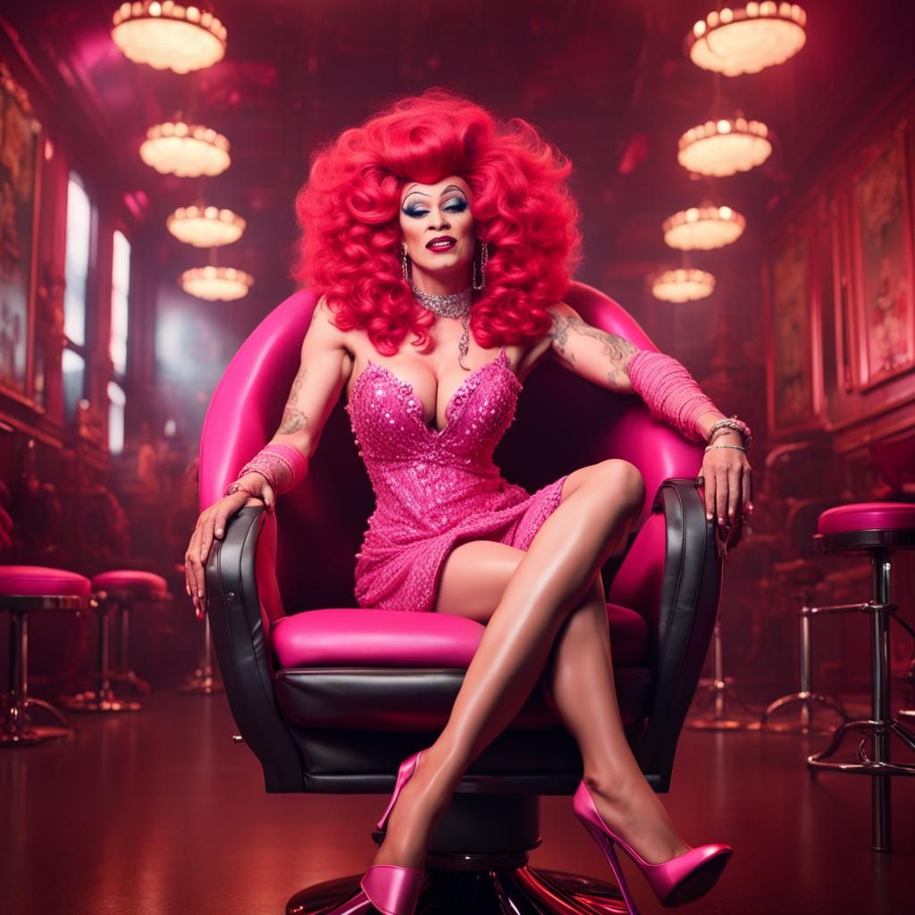 prissy redhaired drag queen wearing a skimpy pink dress trapped in a salon  chair as other drag queens point and laugh - AI Generated Artwork -  NightCafe Creator