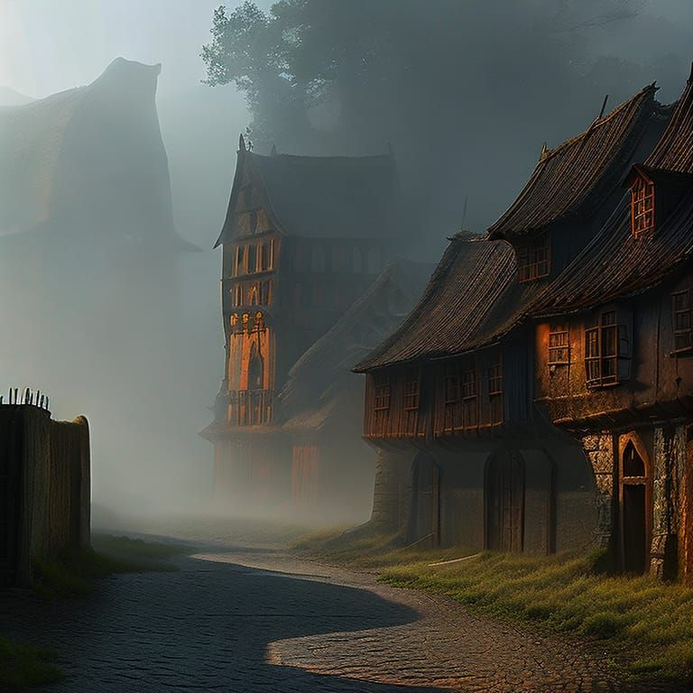 Foggy Scenes old medieval town gothic nightscape decay mist dirt dust map Hyperrealistic, splash art, ...  by @Lennis