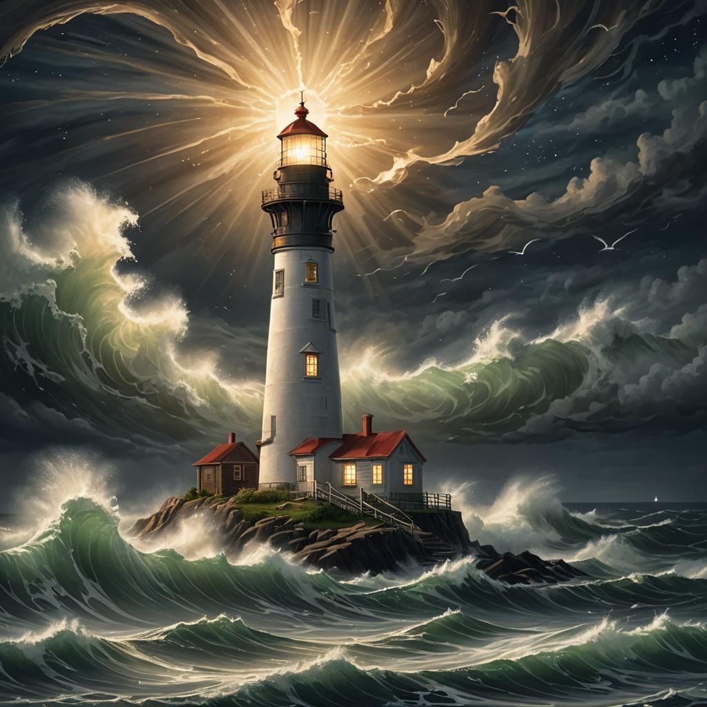 A lighthouse surrounded by swirling waves