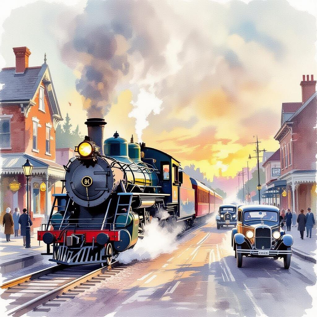 Vintage Steam Train in Watercolor Painting