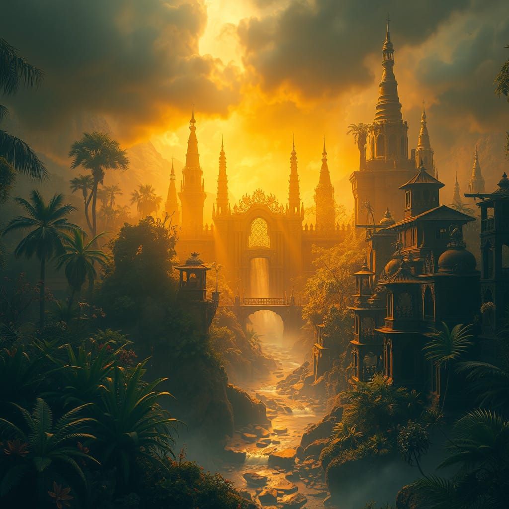 Golden Cityscape in Vibrant Jungle Wonderland