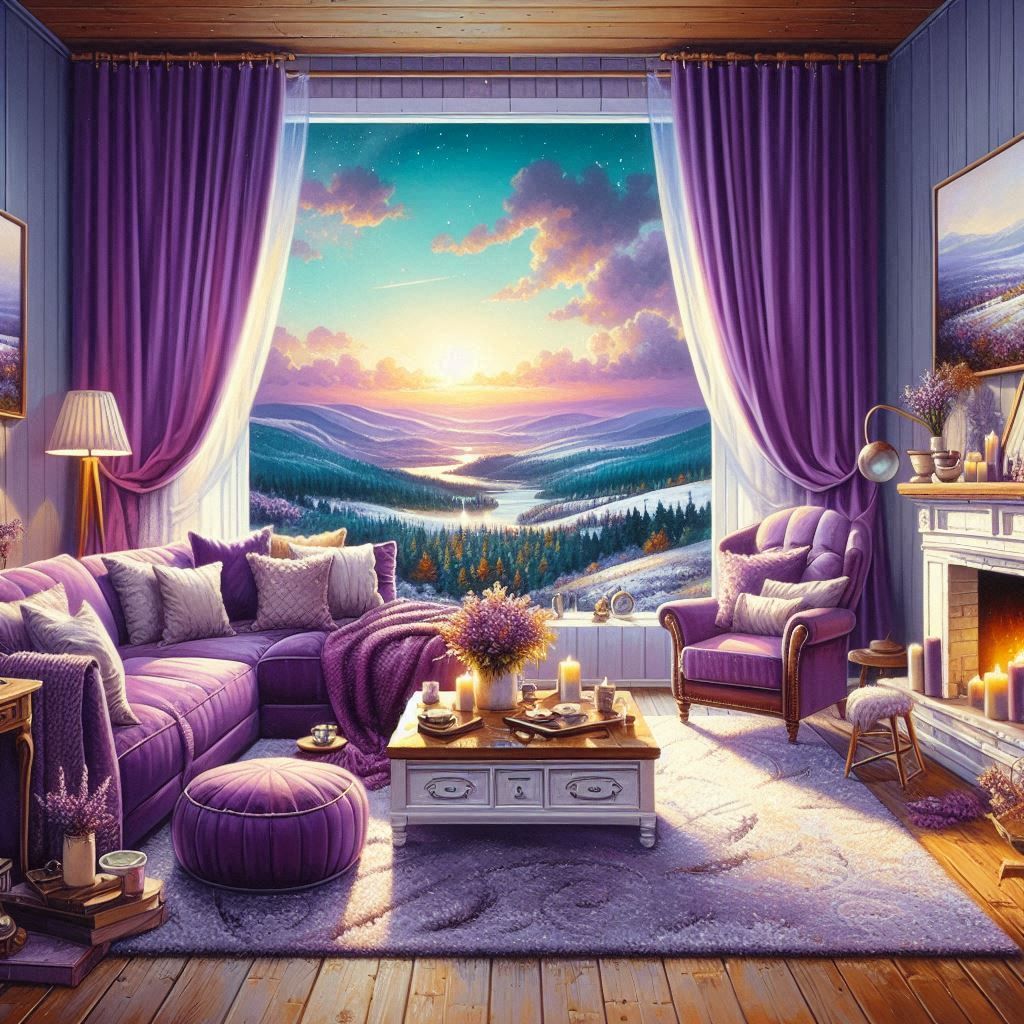purple living room with stunning view