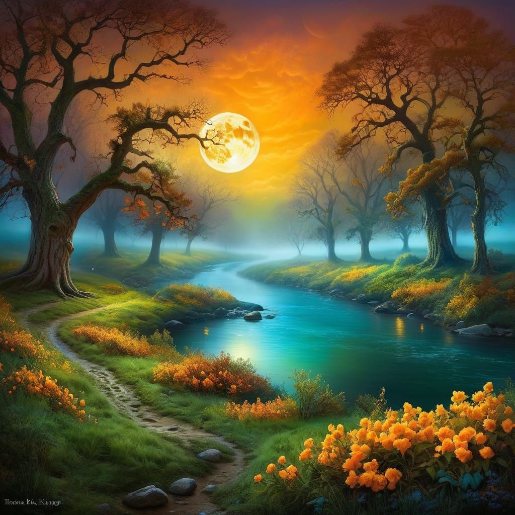 Large oak trees line the flowing river! #2