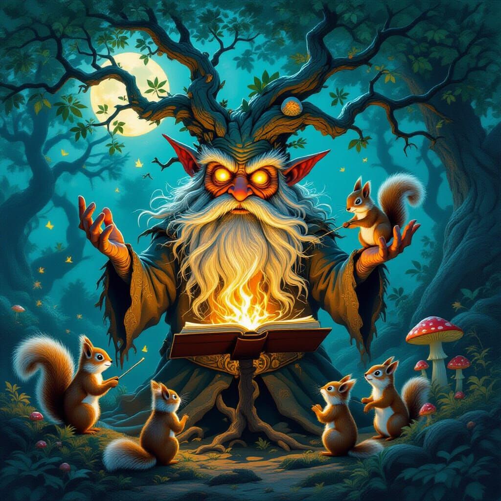 An ancient, gnarled tree spirit, with eyes like glowing embers, attempts to conduct a symphony of woodland creatures. However, a mischievous...