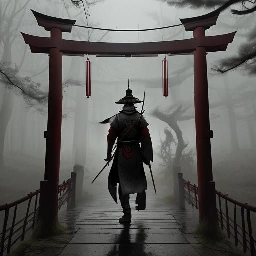 Japanese Warrior in Misty Forest: Ink Wash Art