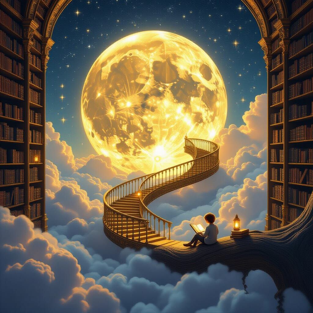 A magical surreal scene of a colossal library built inside the glowing full moon, with towering shelves filled with ancient books. A winding...